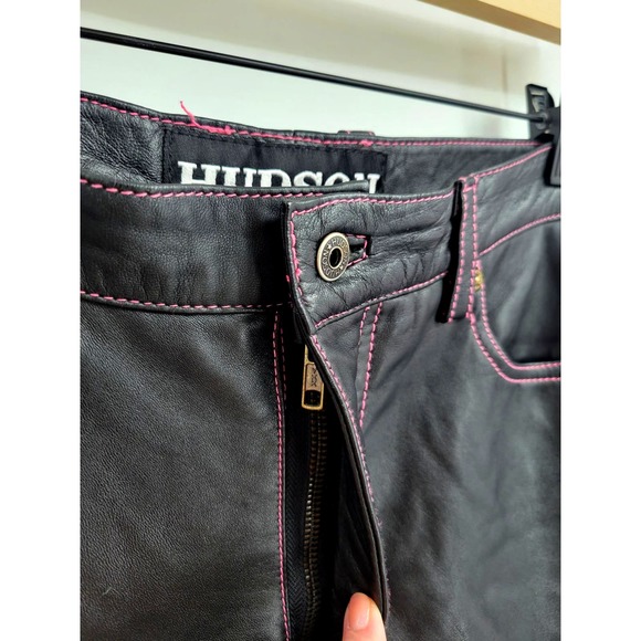 Hudson 12 Lamb Leather Pink Stitching Straight Leg Pants Baggy High Rise - Picture 2 of 16